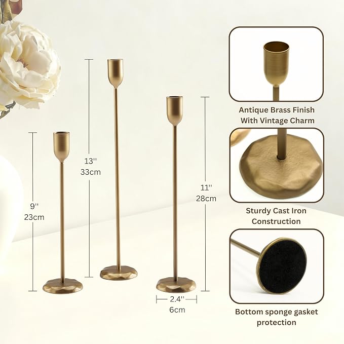 Perfnique Brass Candlestick Holders Set of 6 - Antique Gold Iron Candle Holders for Christmas, Birthday, Wedding, Party, Dining Table, Fireplace Mantel Decor (Gold)