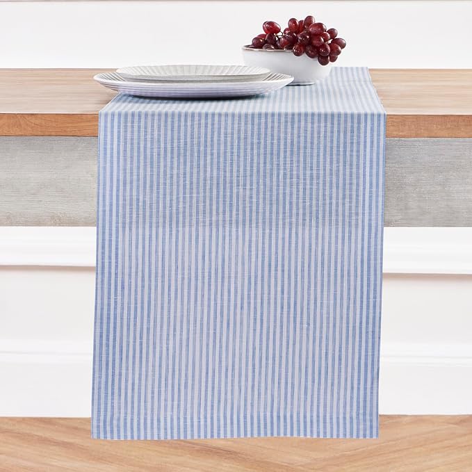 Solino Home 100% Pure Linen Table Runner, 14 x 90 in, Blue and White Stripe | Narrow Stripe, styles dining tables for meals and celebrations, European flax fibres, soft to the touch, OEKO-TEX Certified