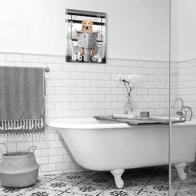 Funny Golden Retriever Wall Art Black and White Dog Bathroom Print Farmhouse Bathroom Animals Wall Decor Dog Sitting in Toilet Reading Newspaper Painting Framed Artwork for Toilet 16x20 inch