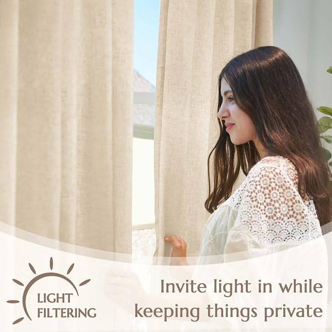 jinchan Lined Linen Curtains Privacy Back Tab 50x84 Inch 2 Panels Set Beige | Light Filtering Curtains with White Privacy Liner, Cottage Core Farmhouse Curtains for Living Room, Rod Pocket 84 Inch Length
