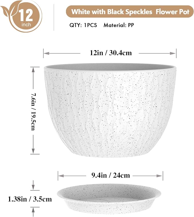 WSMKSZ 12 Inch Wide Water Ripples Flower Pots for Indoor or Outdoor Plants, Large Plant Pots with Drainage Holes & Saucer, Plastic Planters Set for Garden & Home Decor (White with Black Speckles)