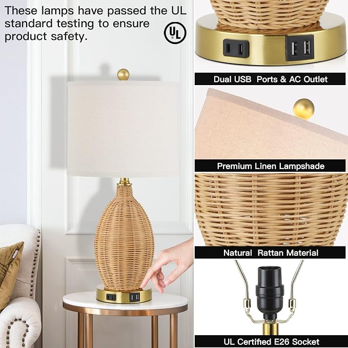 CINSARY Touch Control Rattan Table Lamps, 3 Way Dimmable Bedside Lamps for Bedroom Set of 2 with 2 USB Ports and AC Outlet, Wicker Nightstand Lamps for Living Room (LED Bulbs Included), Gold