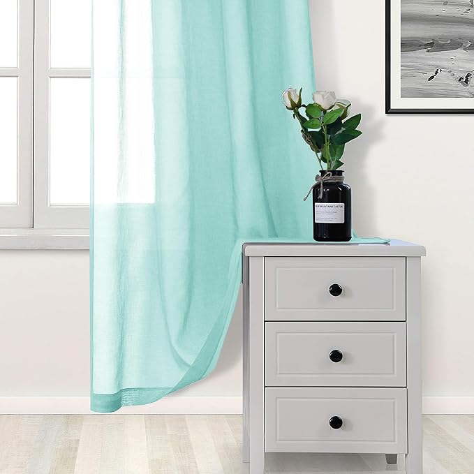 DWCN Sheer Curtains Faux Linen Grommet Window Curtain Voile Sheer Drapes for Living Room Set of 2 Panels 52 x 84 Inch Long, Mint Green