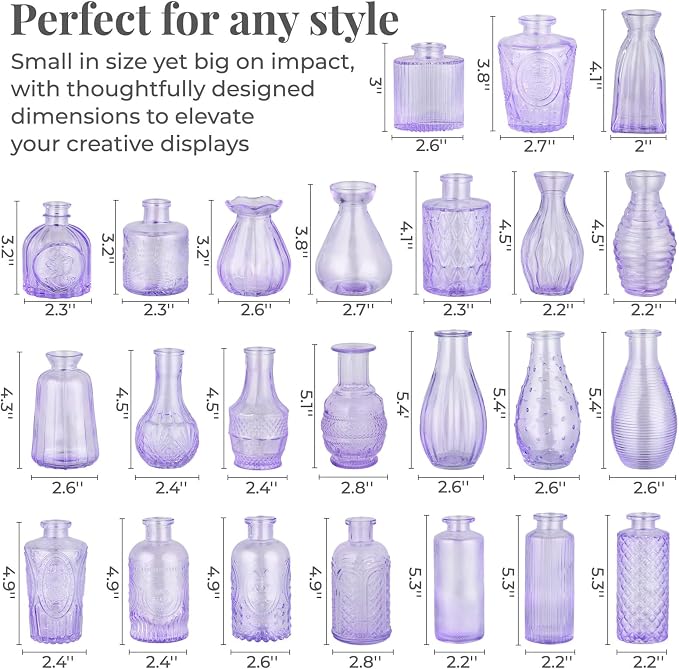 BEAHOT 24 Pack Purple Flower Vase in Bulk,Mini Vintage Glass Bud Vases for Centerpieces,Wedding Decor,Party & Home Decaration,Mother's Day (Purple)