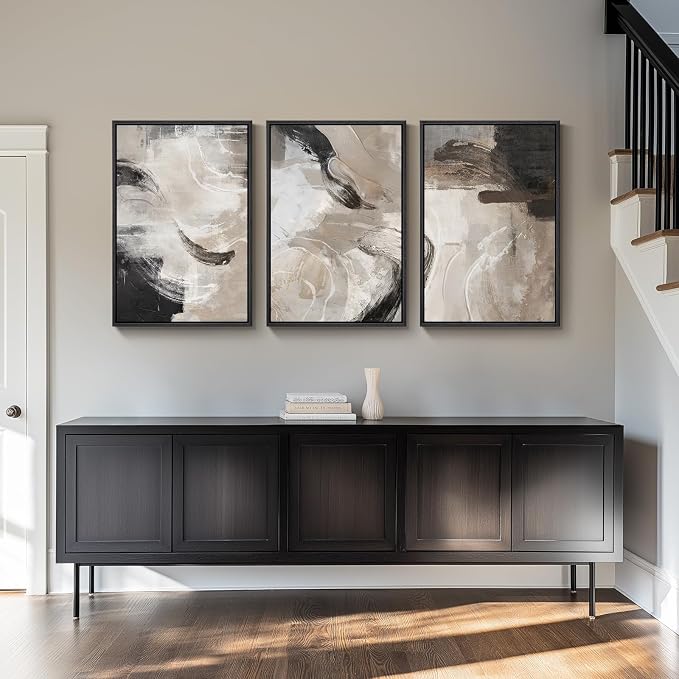 Framed Modern Minimalist Neutral Abstract Wall Art, 3 Piece Set, 16x24 In | Black beige brown tone pictures, Canvas prints, Wood frame, Artwork for walls, Wall decor for living room dining room bedroom