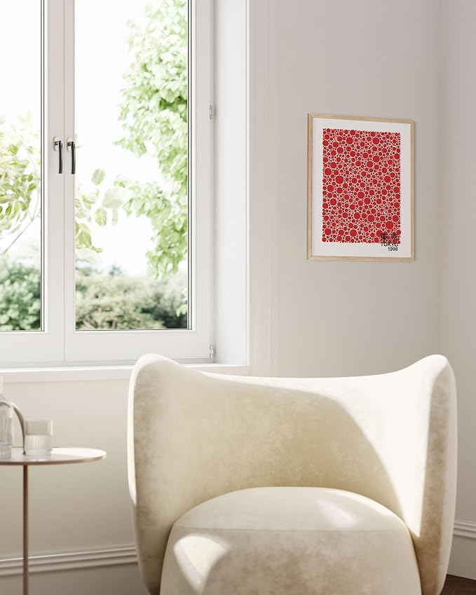 HAUS AND HUES Red Abstract Wall Art – Yayoi Kusama Inspired Japanese Poster, Circle Abstract Wall Decor, Modern Art Exhibition Print (16x20 Unframed)