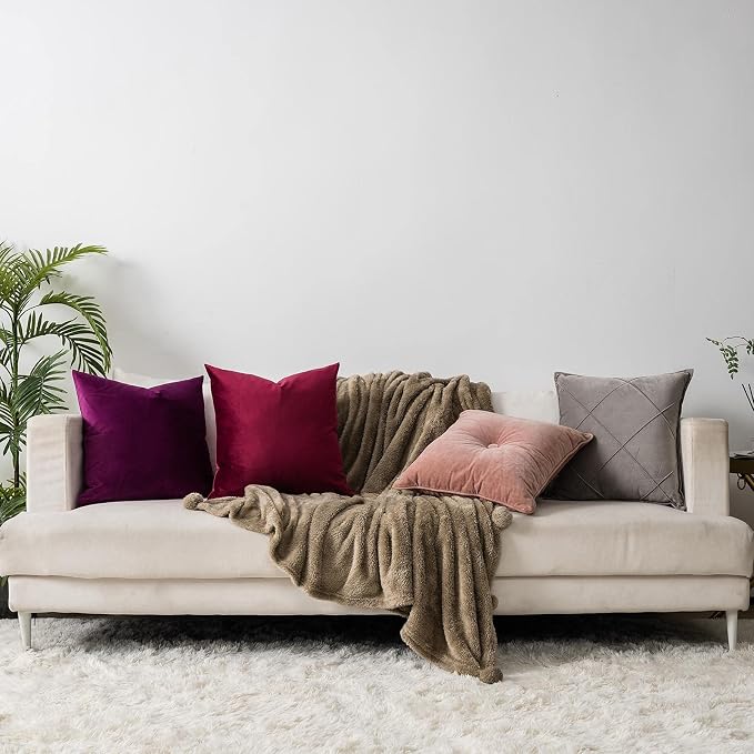 Purple Decorative Velvet Throw Pillow Covers 16x16 inch Set of 2 with Zipper Luxury Soft Solid Square Cushion Covers Case for Sofa Couch Bed Living Room
