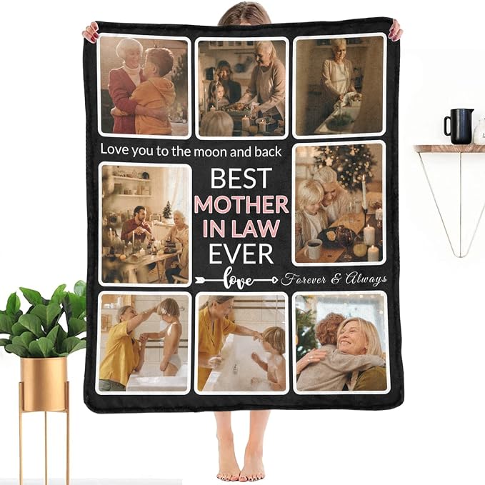 Custom Blanket with Photo, Make a Personalized Blankets with Picture Customized Memories Souvenir Throws Gift for Best Mother-in-Law Ever, Forever & Always, 8 Collage Made in USA