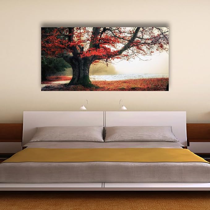 Stunning Nature Landscape Wall Art - 28x57 inches Canvas Artwork of Sunrise Forest Scenery with Red Leaves. Perfect Wall Decoration for Living Room, Bedroom and More