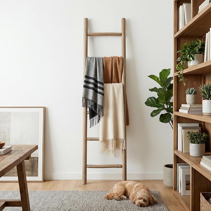 Wooden Blanket Ladder - 76in Natural Wood Color- Leaning Wall Decor for Bedroom, Bathroom, Living Room - Rustic Quilt Holder (Natural Wood Color (Knock Down), 76in | Knock Down)