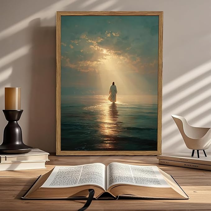 Blue Jesus Walking on Water Wall Art, Christian Wall Decor Paintings, Religious Savior Poster Canvas Print Pictures Artwork for Living Prayer Room Bedroom 12x16 in Wood Framed