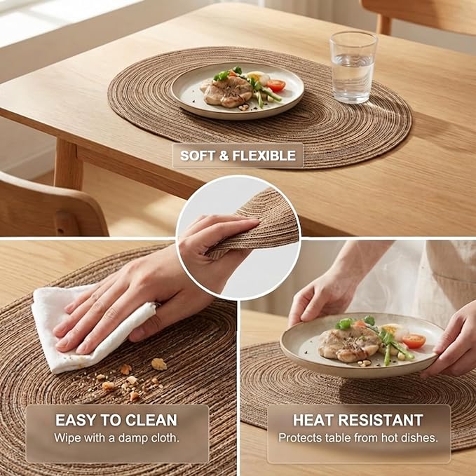 Placemats Set of 6, Woven Oval Braided Dining Table Mats(Brown) | 12 x 17.5 Inch Size Fits Plates and Flatware; Hand Washable and Heat Resistant for Kitchen Use, with Farmhouse and Boho Style