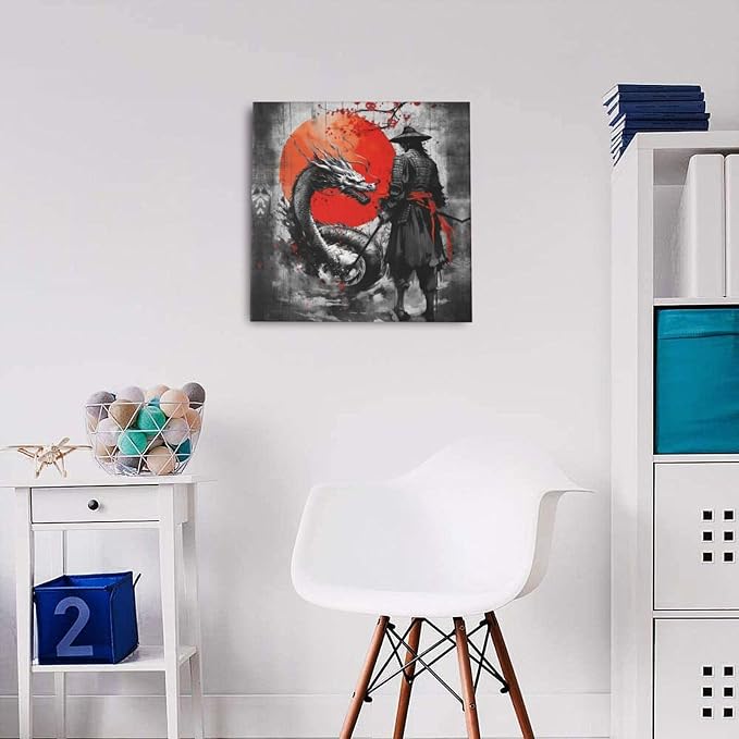 Wesluin 16"x16" Samurai Dragon Canvas – Red Sun Japanese Wall Art | Legendary duel unfolds beneath the rising crimson orb. Monochrome warrior versus beast. Hook included, ready to hang.