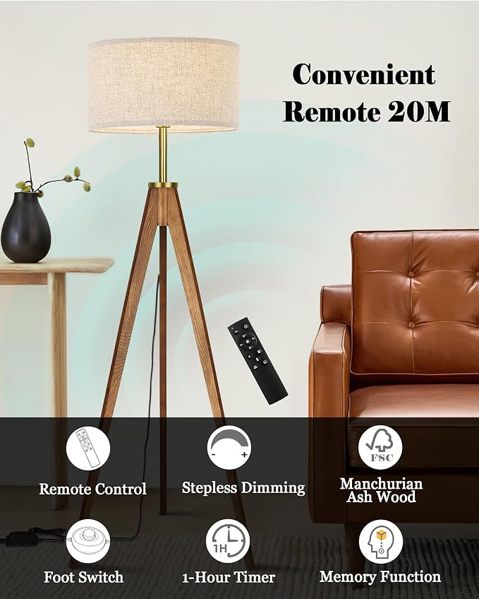 ELYONA Floor Lamp for Living Room, Solid Ash Wood Tripod Floor Lamp with Remote Control, Stepless Dimmable Standing Lamp for Bedroom, Office, Tall Lamp with Linen Shade, Mid Century Modern & Farmhouse