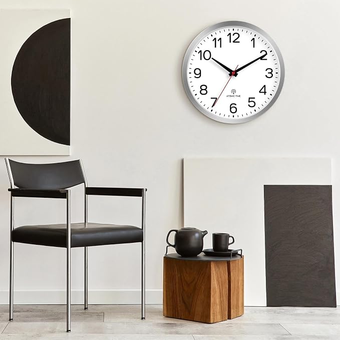 AKCISOT 12 Inch Wall Clock, Silent Battery Operated Analog Clock, Silver | Atomic | Office | Kitchen | Living Room | Classroom | Easy-to-read Numbers