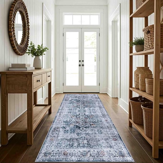 Machine Washable Area Rug, Soft & Durable, Non-Slip, Stain Resistant Rug for Bedroom, Living Room, Dining Room, High Traffic Areas. (Blue/Coral, 2.5' X 10')