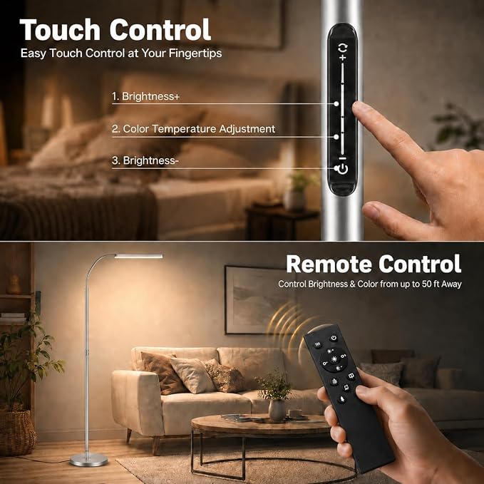 Wio-Mio 15w/1000lm Bright LED Floor Lamp with Stepless Adjustable 3000K-6000K Colors and Dimmer, Remote and Touch Control Reading Lamp, Adjustable Floor Lamp for Living Room