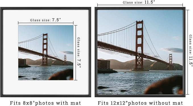 Frametory 12x12 Black Aluminum Metal Picture Frame Mat for 8x8 Glass