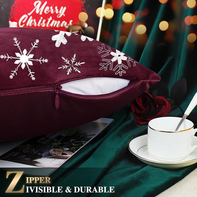 BRAWARM Christmas Pillow Cover 12 X 20 Inches, Burgundy Snowflake Embroidered Lumbar Pillow Cover, Soft Velvet Decorative Throw Pillow for Couch Bed Sofa Living Room Home