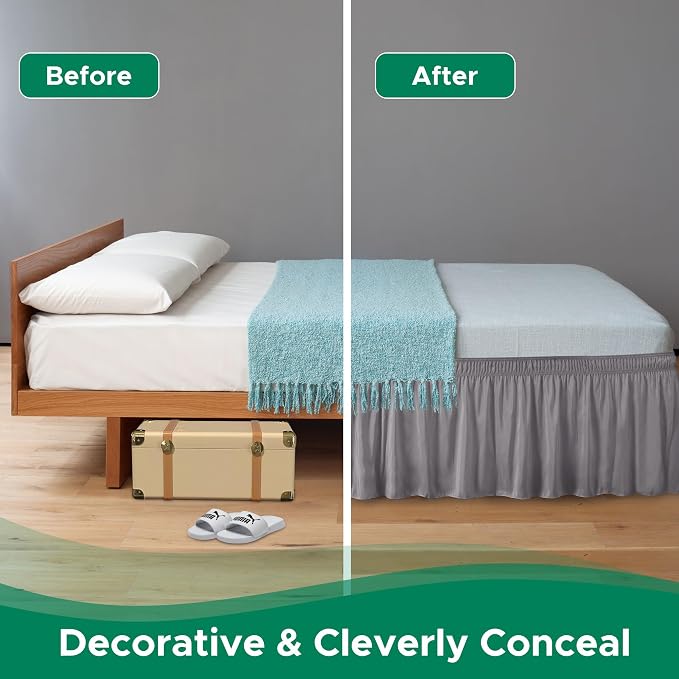 Wrap Around Queen Bed Skirt 21" Drop-Elastic Long Dust Ruffle Silver Grey | Adjustable Pleated Bedskirt-Easy Fit Wrinkle Resistant Washable Hotel Quality Fabric Bed Skirting-Master Guest Bedroom Rental
