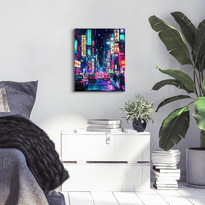 Wesluin 12"x16" Neon Tokyo Canvas – Anime Night Street Japanese Wall Art | Electric avenue glows with synthwave dream. Cyberpunk Asian cityscape. Hook included, ready to hang.
