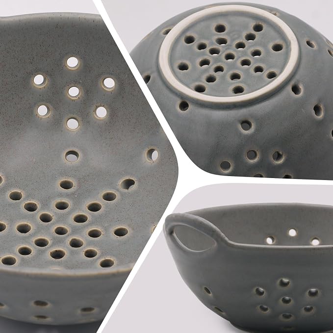 Matte Glaze Ceramic Berry Colander Bowl with Handles – 8.5" Handle-to-Handle × 8" Bowl Dia × 3.3" High – Rustic Stoneware Drain Bowl for Fruit, Berries, and Kitchen Decor (Sage Green)