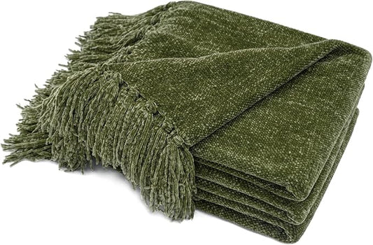 RECYCO Chenille Throw Blanket for Couch, 60"x80", Loden Green | Super Soft Knit Throw Blanket with Fringe Tassels, Lightweight Knitted Throw, Cozy, Ideal for Sofa Chair Bed Living Room Gift