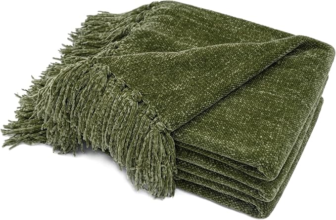 RECYCO Chenille Throw Blanket for Couch, 50"x60", Loden Green | Super Soft Knit Throw Blanket with Fringe Tassels, Lightweight Knitted Throw, Cozy, Ideal for Sofa Chair Bed Living Room Gift