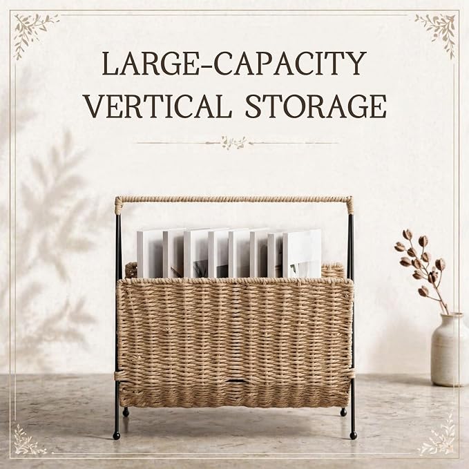Novabright Hand Woven Magazine Holder with Metal Stand, Large Wicker Book Storage Basket, Decorative Newspaper Mail Storage Rack for Living Room, Bedroom, Bathroom, Home, Office, 13.78 x 14.17 x 3.94