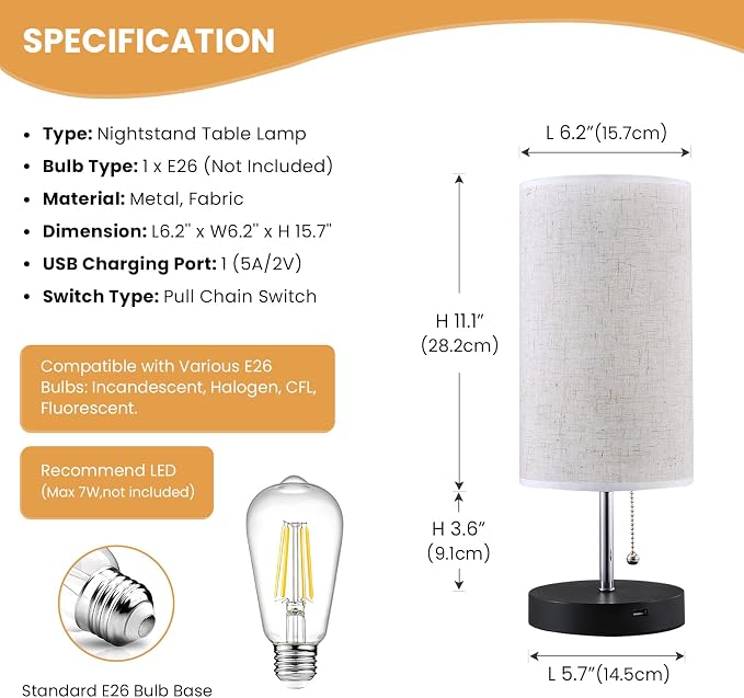 Siljoy Modern Desk Lamp, USB Table Lamp, Bedside Table & Desk Lamp with Black Wooden Base & Soft Ambient Lighting, Useful USB Charging Ports Perfect for Table in Bedroom Living Room or Office