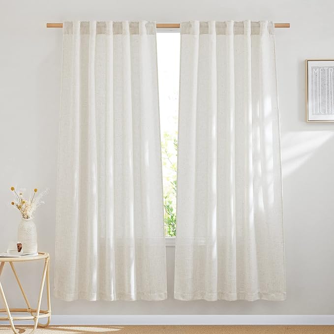 NICETOWN Natural Linen Curtains 70 inches Length, Rod Pocket & Back Tab Privacy with Light Filtering Drapes Flax Linen Blend Window Treatments for Farmhouse/Bedroom, 2 Panels, W37 x L70