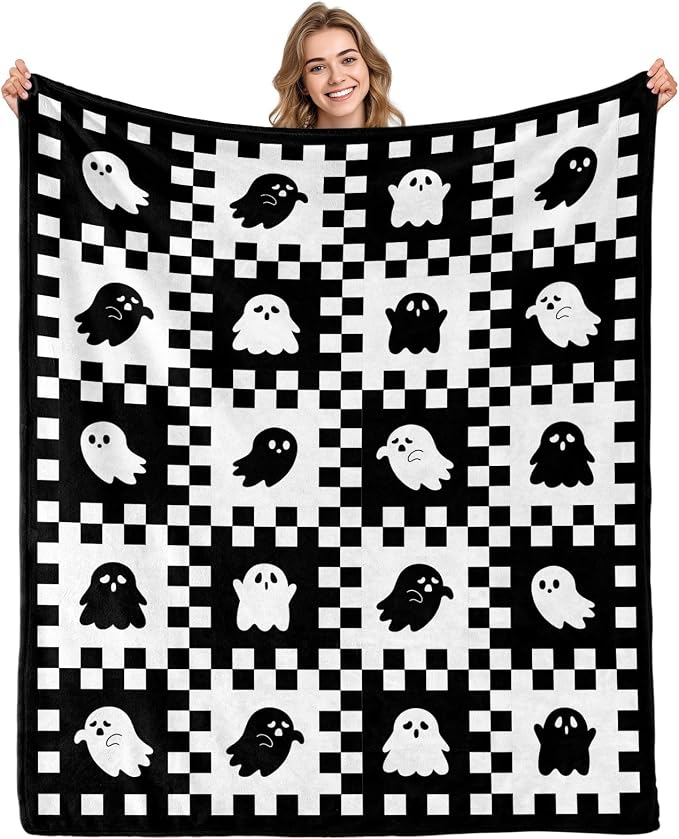 Aimego Ghost Halloween Blanket for Girl Boy Ghost Gifts Blanket Throw for Women Spooky Blankets for Home Decor Cute Skull Blanket White Checkered Blankets(50X60 Inch)