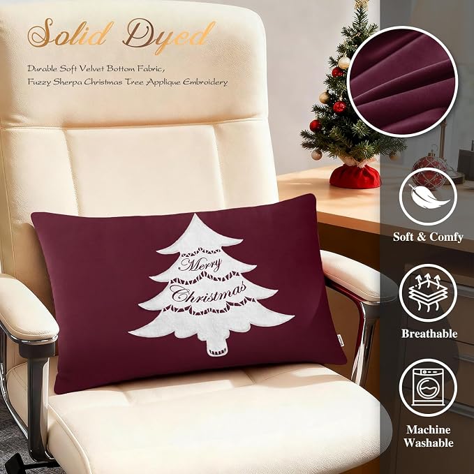 BRAWARM Christmas Pillow Cover 12 X 20 Inches, Burgundy Christmas Tree Embroidered Lumbar Pillow Cover, Soft Velvet Decorative Throw Pillow for Couch Bed Sofa Living Room Home