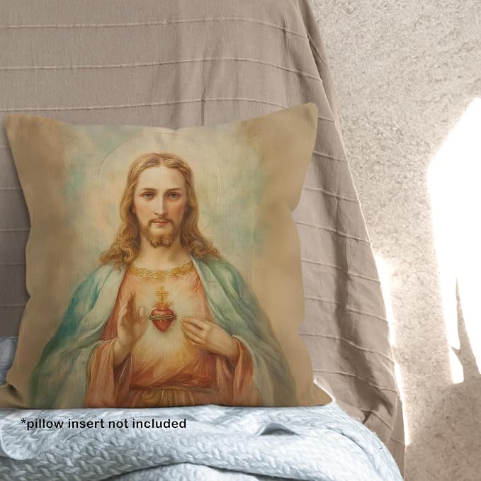 Christian Sacred Heart of Jesus Throw Pillow Covers Gifts 18x18, Vintage Religious Decor Pillow Cases for Bedroom Living Room, Jesus Decorative Square Pillowcases for Couch Bed Sofa
