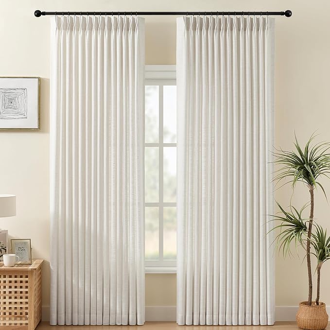 Pinch Pleated Linen Curtains 90 Inch Semi Sheer Drapes Light Filtering | Pleat Curtain for Living Room, Memory Trained Textured Linen Blend Curtains, with Hooks Rings, Beige Natural, W40, 2 Panels