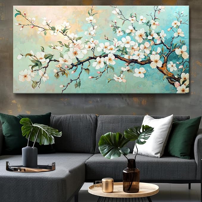 Large White Prunus mume Flower Wall Art Elegant Flower Framed Floral Canvas Print for Living Room, Bedroom, Dining Room, Home Office Modern Ready to Hang Home Decor - 30"x60"