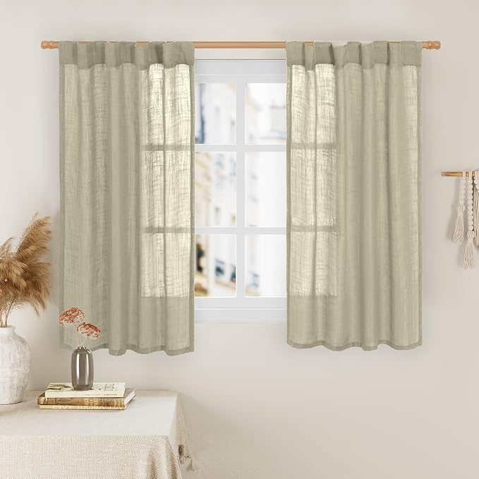 Semi Sheer Window Linen Curtains 54 Inch, 2 Panels, 34 x 54 Inch | Light Filtering Panels, Rod Pocket Back Tab, Country Decor Drapes for Bedroom, Farmhouse, Oatmeal, 2 Panels