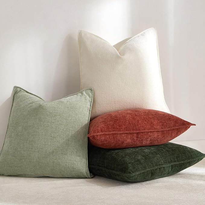 JUSPURBET 24x24 Chenille Decorative Throw Pillow Covers Set of 2,Cream | Cozy Soft Cushion Covers Case with Hidden Zipper for Couch Sofa Bed Home Decor Living Room