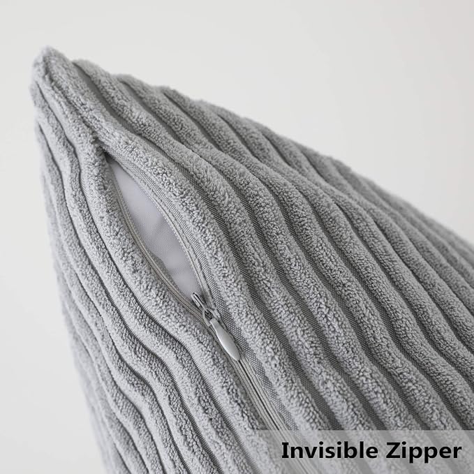 Home Brilliant 2 Packs Decor Soft Decorative Striped Corduroy Velvet Square Throw Pillow Sofa Cushion Covers for Couch, 50cm, 20 x 20 Inch, Light Grey