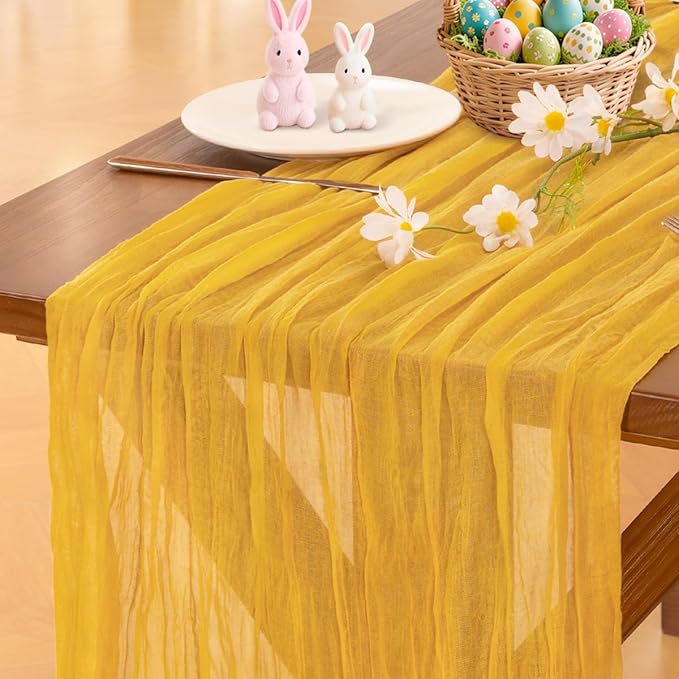 Cheesecloth Table Runner Fall Boho Wedding Birthday Party Home Decor | Gold Yellow Rustic Gauze 10FT 120in Cheese Cloth Sheer Farmhouse Dining Runner for Baby Shower Bridal Holiday Decorations