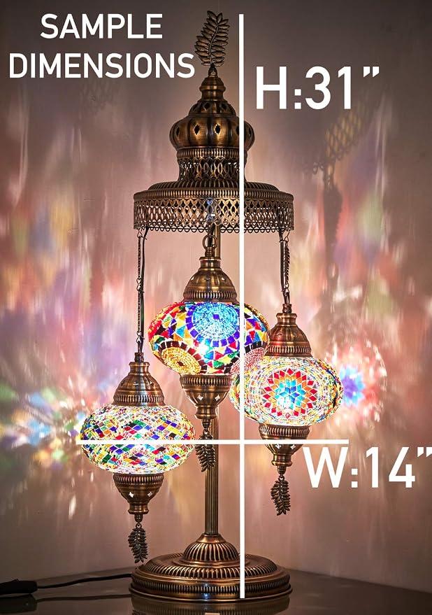 DEMMEX 3 Big Globes XL Magnificent Handmade Turkish Moroccan Mosaic Tiffany Style Table Desk Bedside Lamp Lampshade Exotic Night Accent Light for North American Use, 31" Height