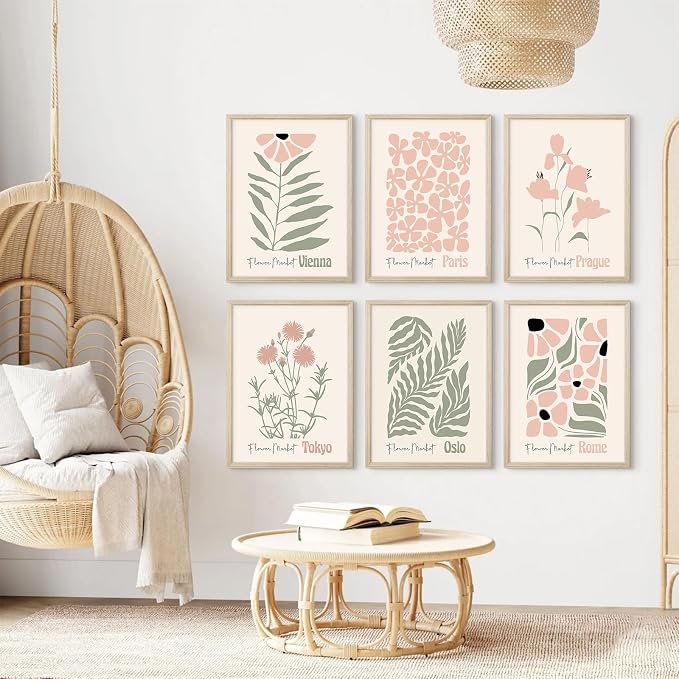Baccone Boho Botanical Wall Art Prints Blush Pink Canvas Wall Decor Flower Market Wall Art Poster Abstract Aesthetic Pictures Pink Floral Artwork for Room Bedroom Set of 6 12x16 Inch Framed