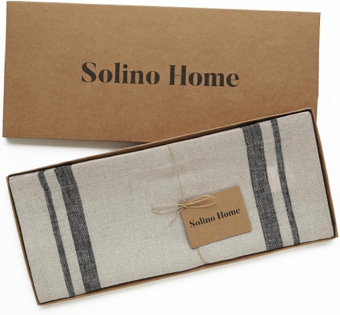 Solino Home 100% Pure Linen Table Runner, 14 x 108 in, Black, French Stripe | brings a tailored look to family meals and hosting, woven stripe, European flax fibres, low iron finish, OEKO-TEX Certified
