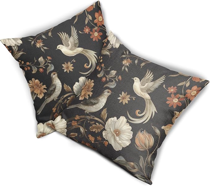 Kawani Vintage Floral Pillow Covers 16x16 Inch Set of 2 Black Chinoiserie Flower and Bird Outdoor Decorative Throw Pillows Retro Rustic Pillowcases Farmhouse Cushion Covers for Couch Home Decor