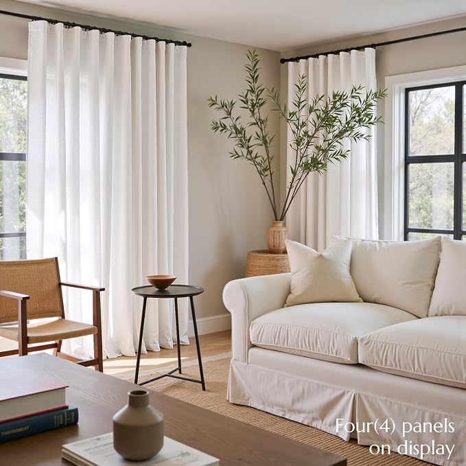 jinchan Linen Curtains Light Filtering Back Tab 50x102 Inch 2 Panels White | Semi Sheer Curtains 102 inch length for Bedroom Living Room, Modern Farmhouse Drapes with Rod Pocket, Natural Boho Curtains