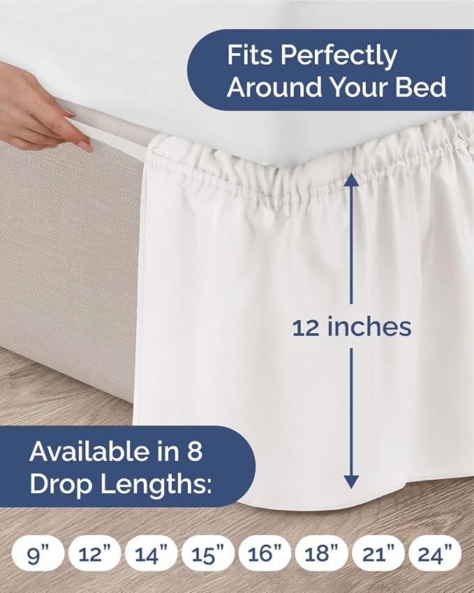 Wrap Around Dust Ruffle Bed Skirt, King Size - 12 Inch Drop, Antique White | Easy Fit Elastic Strap, Adjustable Pleated Bedskirt w/Brushed Fabric, Wrinkle & Fade Free, for Women, Men, Kids & Teens