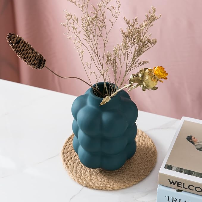 Mowtanco Blue Ceramic Vase, Modern Small Vase for Centerpiece 6.7" Tall | Boho tabletop decor accent vase for dried flowers, centerpiece for living room bedroom shelf, minimalist home decor gift