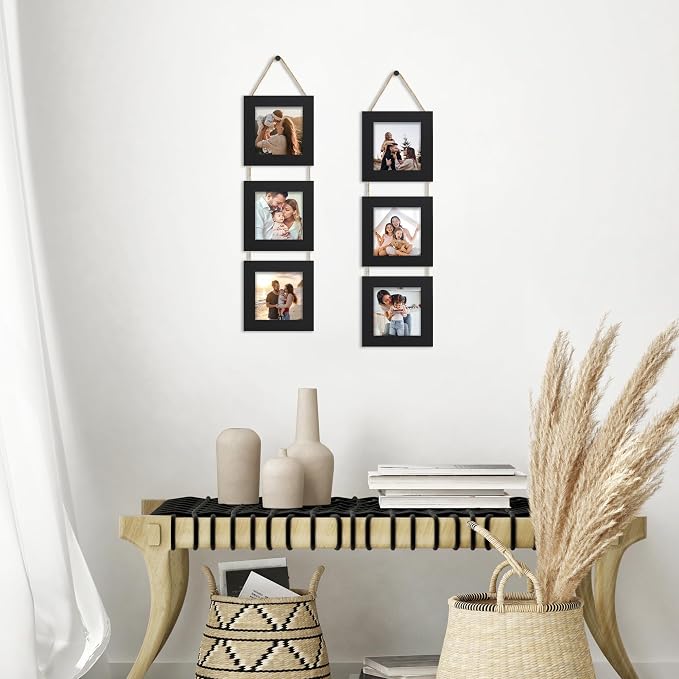 4x4 Collage Picture Frames Set of 2, Rustic Wooden Real Glass Vertical Hanging 3 Opening 4 by 4 Photo Frame, Black