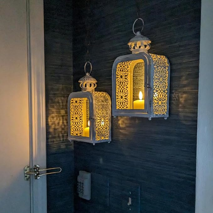 Candle Lantern Decorative Indoor & Outdoor, Vintage Metal Lanterns with Clear Glass, Tabletop&Hanging Candle Holders for Patio Front Porch Home Decor, Halloween Christmas Decorations (White)