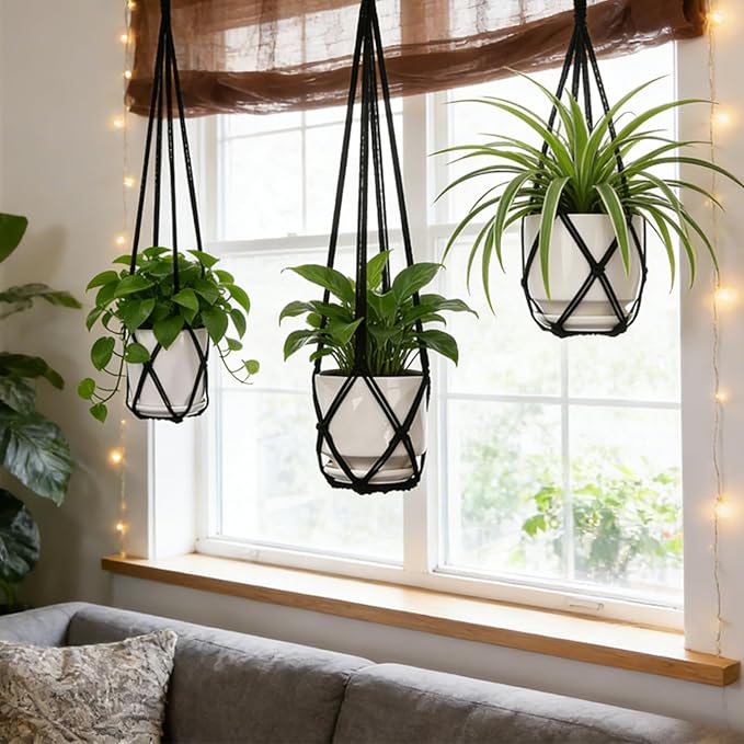 YIBOT Black Macrame Plant Hanger Indoor Hanging Planter Basket